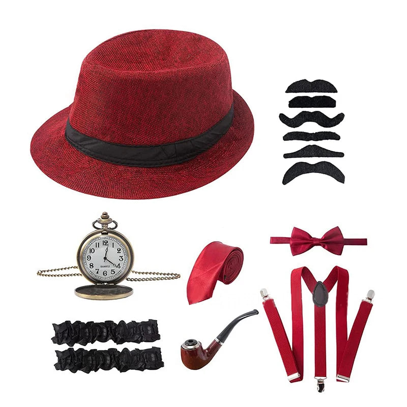 Halloween 1Set 1920's Cosplay Costume Hat Pocket Watch Neck Tie Moustache Bowtie Gatsby Masquerade Accessories