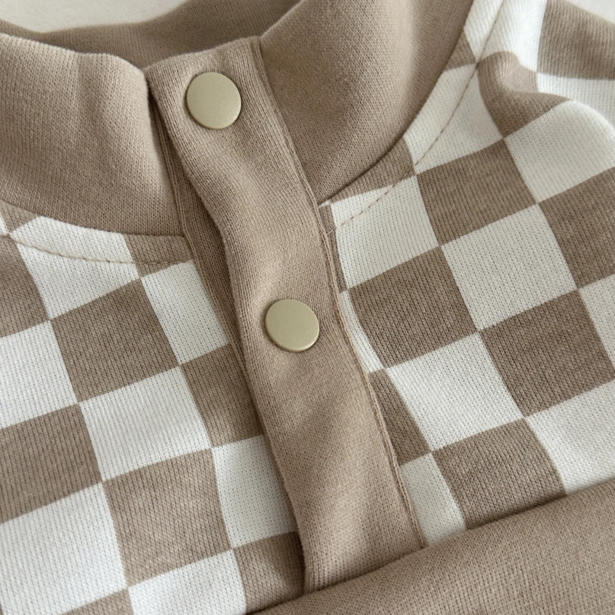 Spring Autumn Baby Boy Checkerboard Stand‑Collar Sweatshirt Set, Infant Khaki Splice Jogger Pants 2‑Pcs Outfit