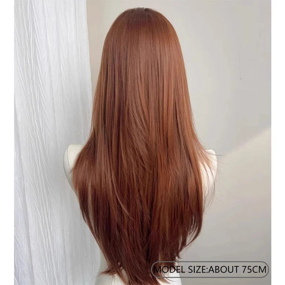 Synthetic 30 inch long straight hair wig high-level orange brown full top wig headband suitable for women's daily party wear