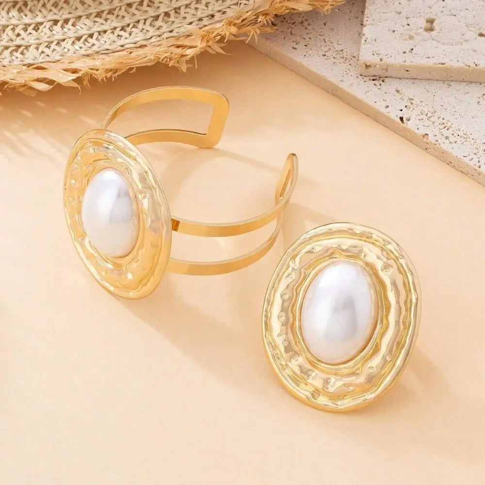 2pcs/set Exaggerated Bracelets Rings Set Irregular Geometric Jewelry Sets Gold Silver Color Elliptical Wide Bracelets