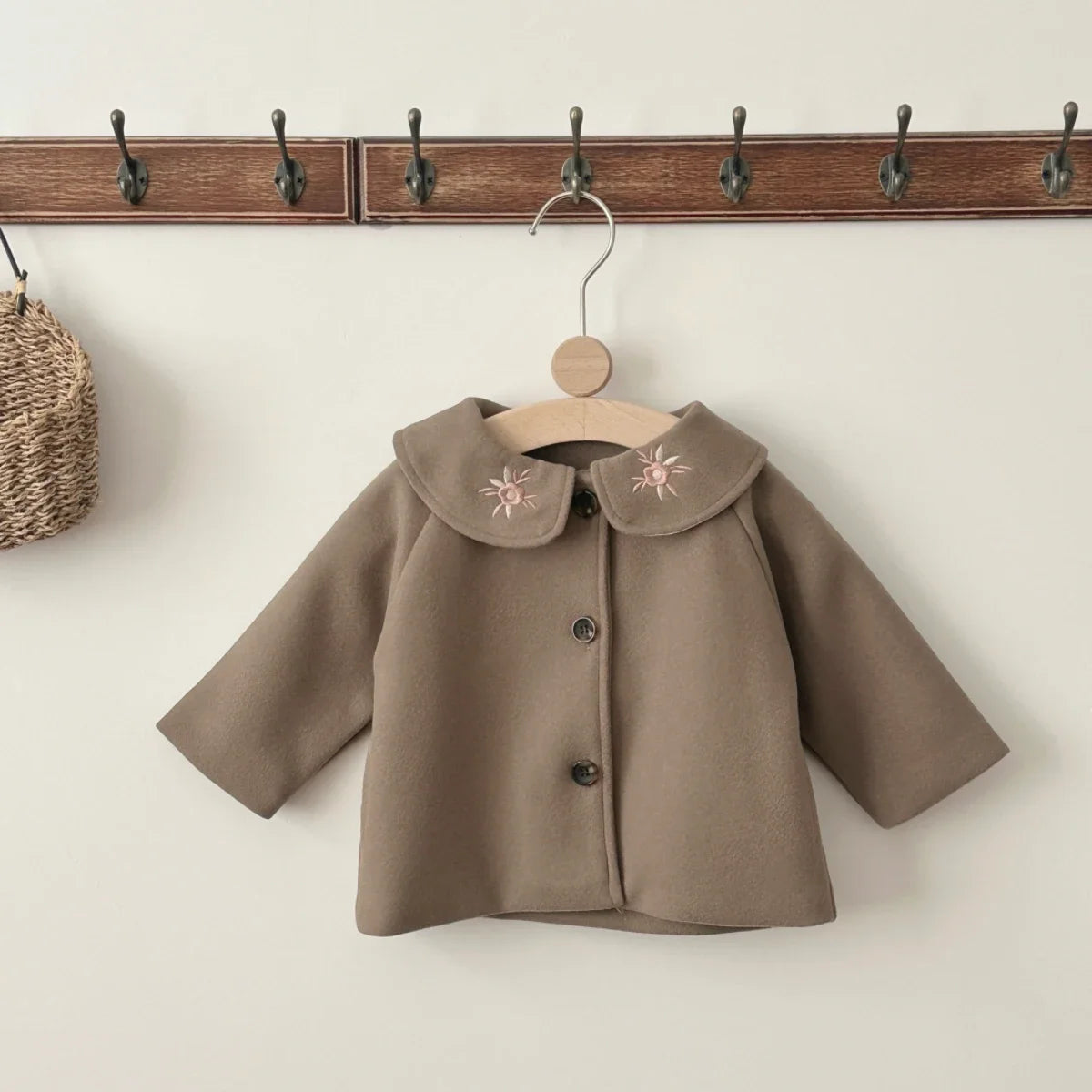 Soft Warm Baby Woolen Fabric Coat Beige/Camel Cute Sun Embroidery Lapel Jacket Infant Toddler Autumn Winter Going Out Outerwear