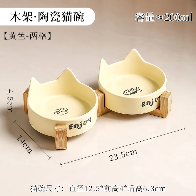 Ceramic Double Bowl Pet Cat Bowl Anti-Slip Heightened Bamboo Table Feeding Bowl Pet Supplies Water Feeders Small Dogs Supplies