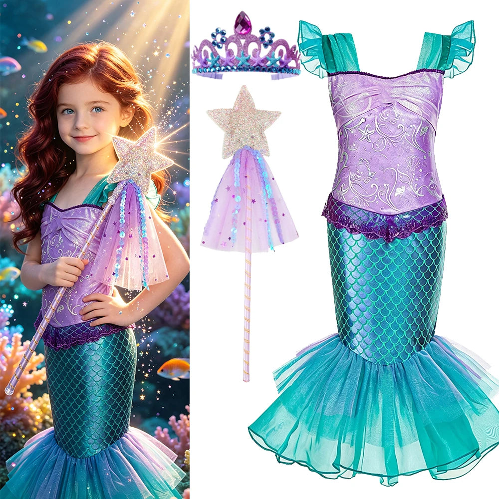 Fishtail Dress Girl Summer Dresses Ocean Themed Costume Kids Clothes Girls Cosplay Carnival Party Halloween Costumes 4 5 6 years