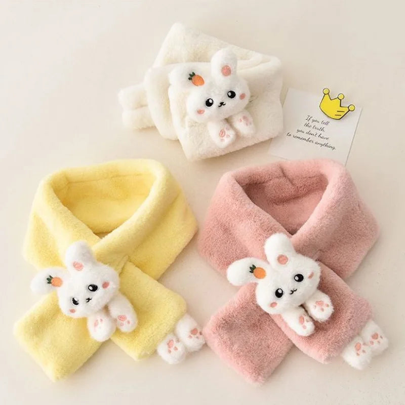 Boys Girls Winter Scarfs Thick Plush Cross Children's Scarf Baby Bib Cute Cartoon Rabbit Faux Fur Neck Protection Warm Shawl