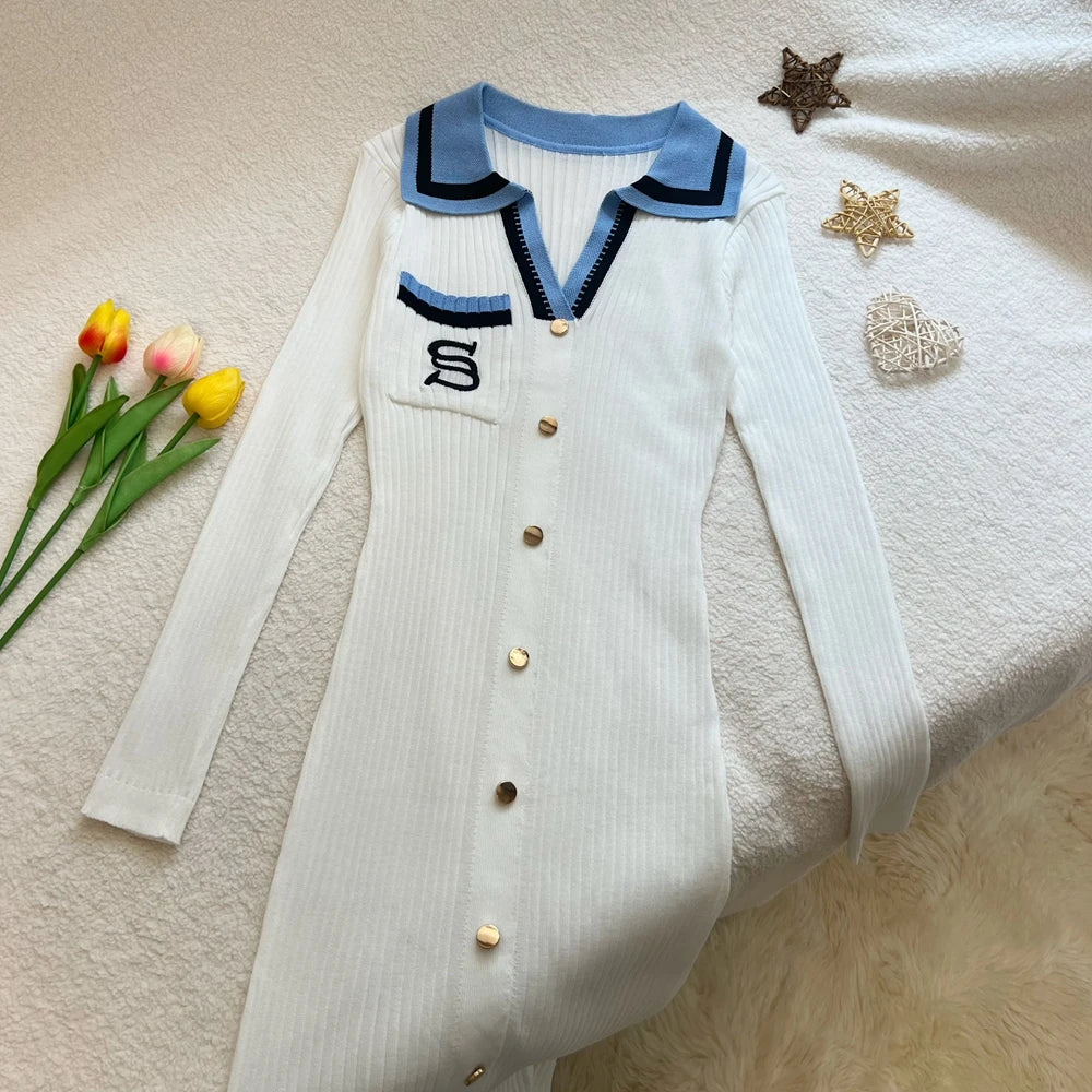YuooMuoo Women Dress 2025 Autumn Winter Fashion Y2K Embroidery Slim Elastic Long Sweater Dress Elegant Lady Office Dress Vestido