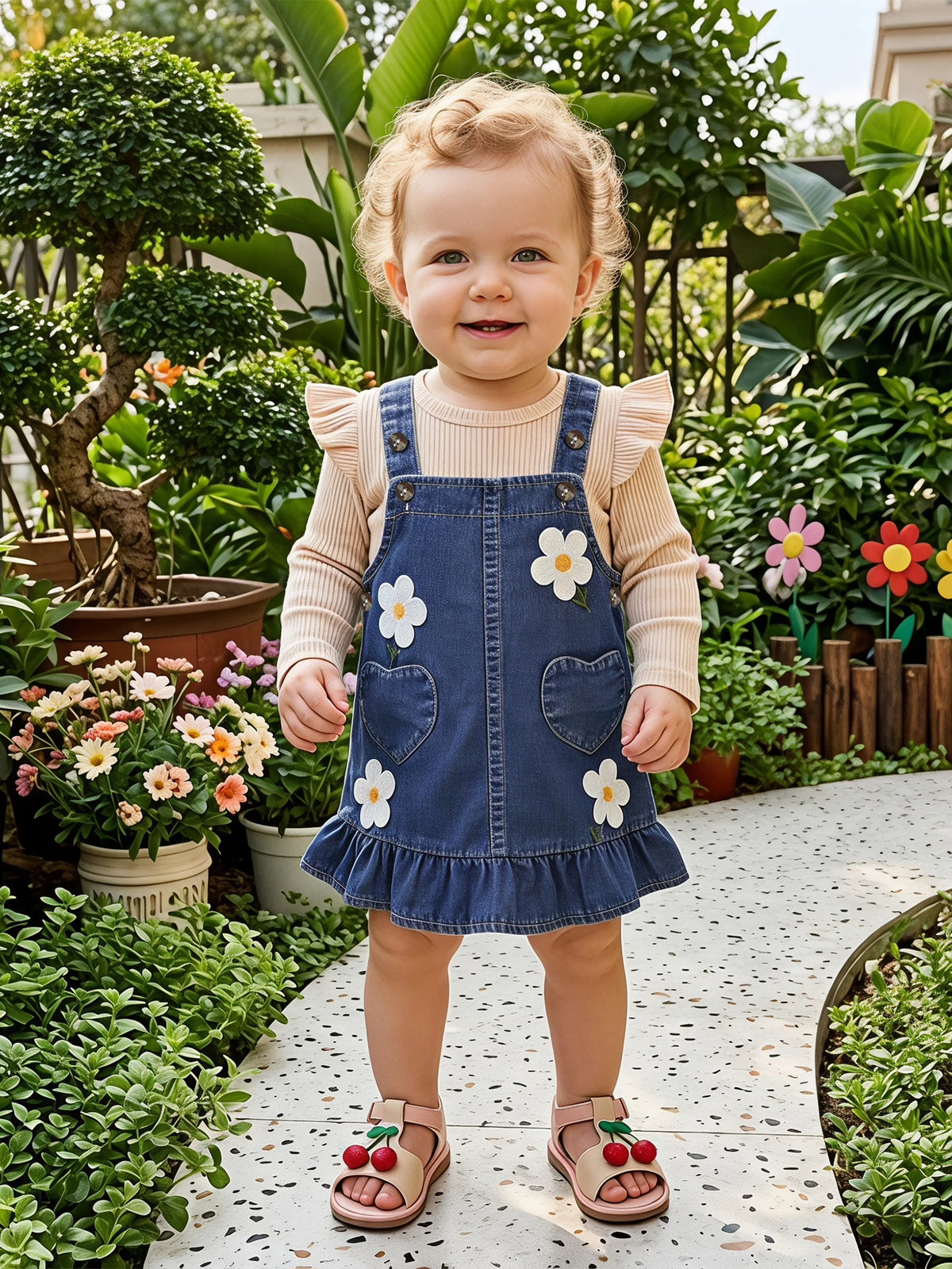 Baby Girl Fall Winter Outfit Fly Long Sleeve T Shirt Sleeveless 3D Flower Denim Dress 2Pcs Set
