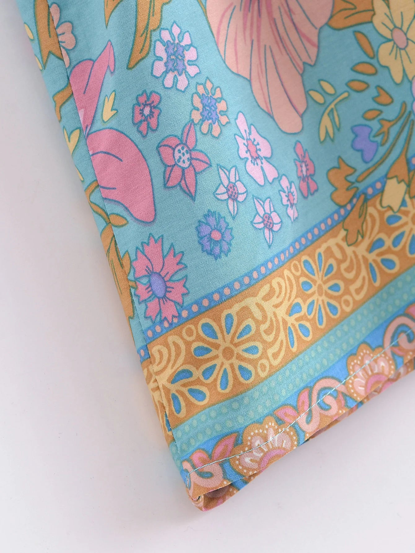BOHO Women Blue With Pink Flower Print Kimono Shirt Holiday Tide Bow Sashes Mid Long Cardigan Summer Blouse Beach Cape