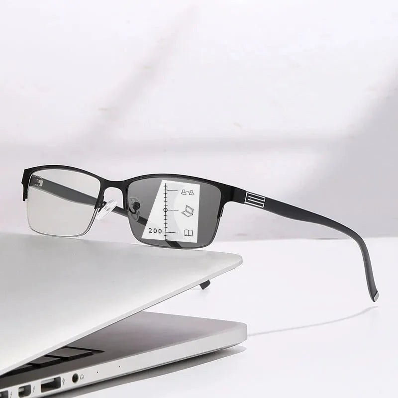 Photochromic Multifocal Reading Glasses Half Frame Color Changing Fashion Presbyopia Trendy Far Sight Sunglasses for Men Women