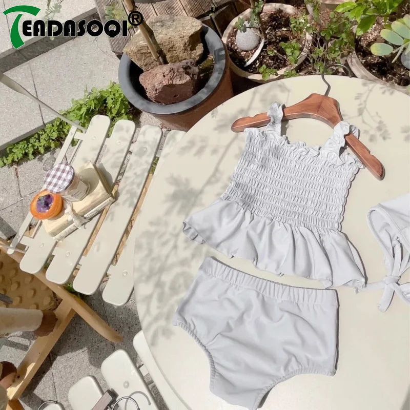 2024 Summer Newborn Infant Suit Kids Swimsuits Baby Girls Solid Color Suspenders Pleated Swim Dress+Shorts+Hat Todder 3Pcs Set