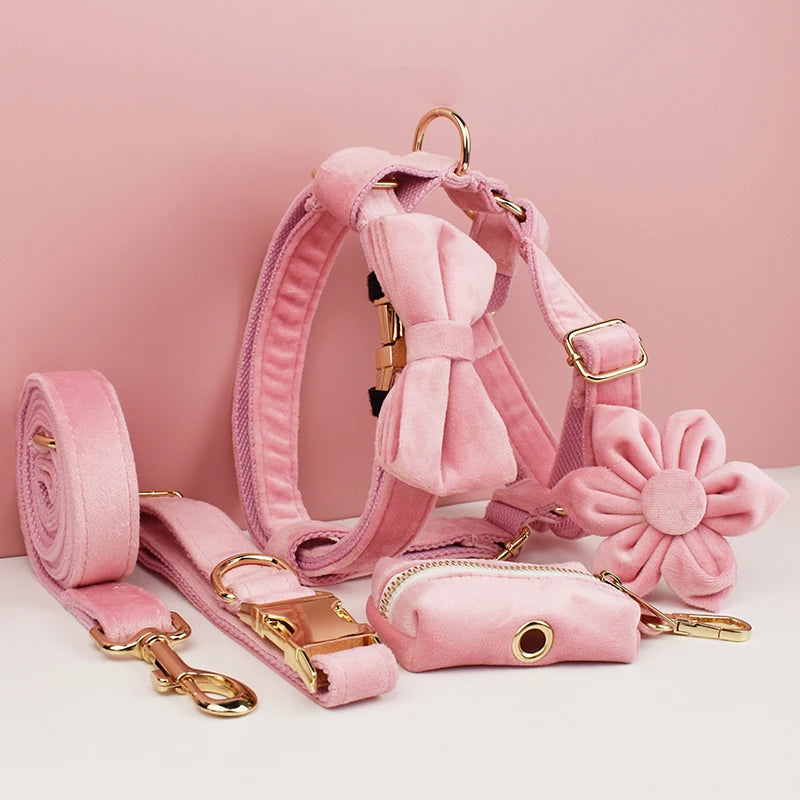 Pink Velvet Dog Collar And Leash Set For Small Medium Large Dogs Custom Engraved Nameplate Pet Supplies Dog Leash Velvet 01