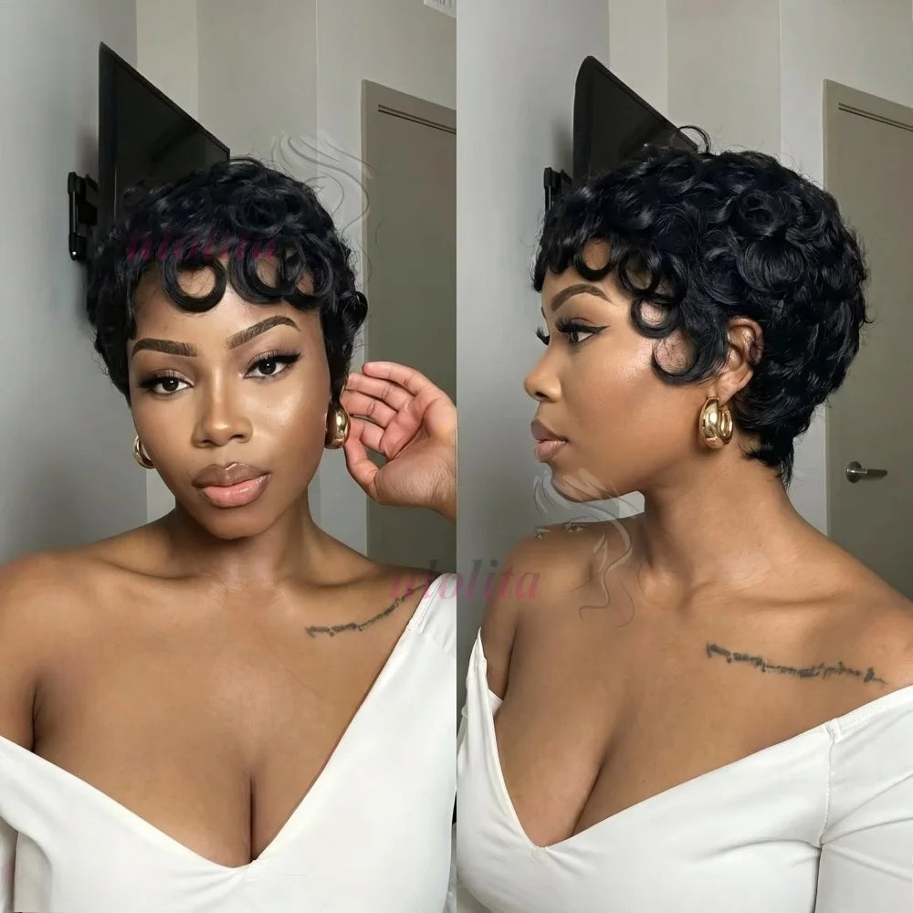 Short Deep Wave Pixie Cut Human Hair Wig Brazilian Remy Wig 180 Density Easy Daily Wear for Black Women
