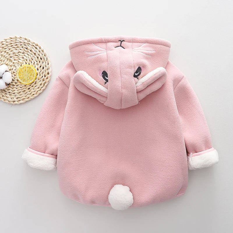 Toddler Girls Bunny Ears Hooded Fleece Jacket Zip Up Winter Warm Coat Cartoon Rabbit Kids Baby Outerwear Clothes 80-120