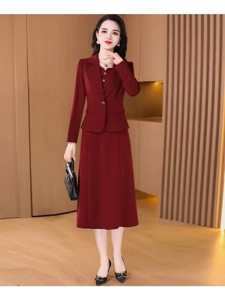 Elegant Slimming Autumn Winter Wedding Dress Set Long Ankle Length Cocktail Dresses with Suit Jacket for Wedding Banquet