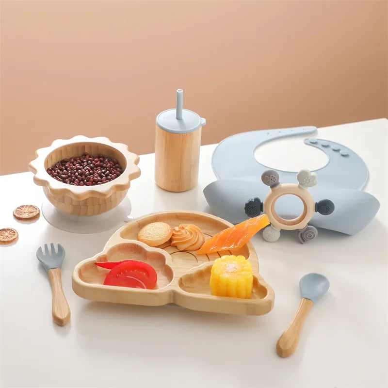 7pcs Silicone Baby Feeding Set Baby Feeding Supplies Kids Bamboo Dinnerware With Cup Children's Dishes Bowl Stuff Tableware Gift
