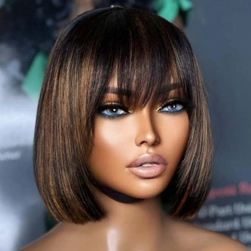 Glueless Highlight P1B/30 Short Bob 3x1 Lace Human Hair Wig Ready To Go Straight Bob With Bangs For Women Beginner Friendly