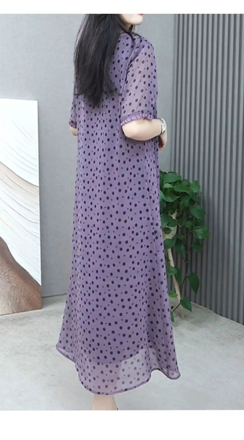 Elegant O-Neck Printed Polka Dot Chiffon Short Sleeve Dress Women's Clothing 2024 Summer New Loose Office Lady Midi Dress