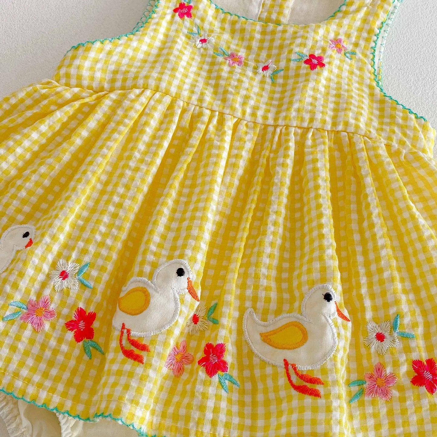 Baby Girl Summer Stylish Sweet Thin Class A Cotton Romper Dress - Cute Cartoon Duck Pattern Yellow Checkered Sleeveless Onesie