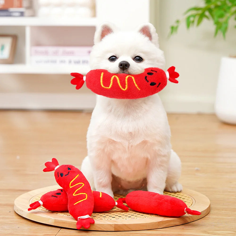 Squeaky Plush Pet Toys: Hot Dog Embroidered Chew Toys for Dogs & Cats, Bite-Resistant Toys to Relieve Boredom,