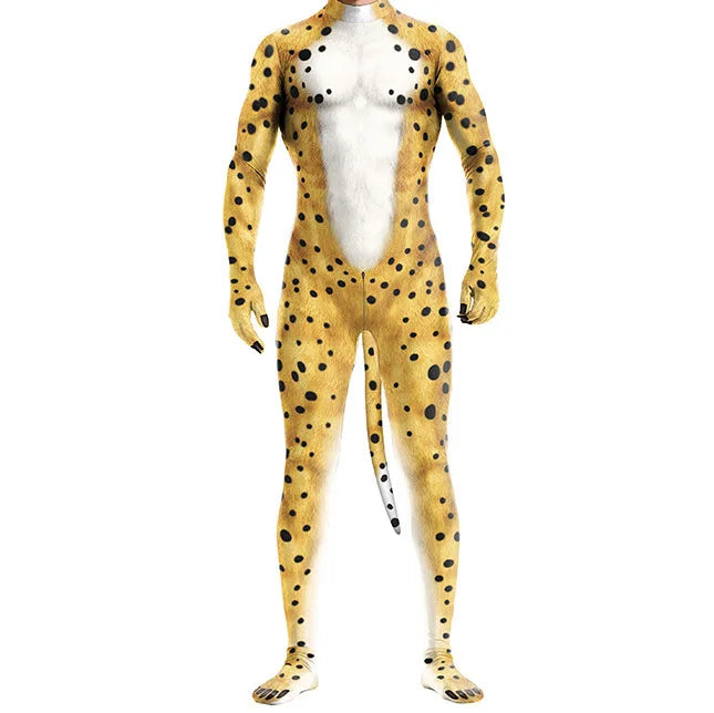 Halloween Costume  Adult Mens Wild Animal Cosplay Costume Full Cover 3D Print Beast Petsuit Jumpsuit Bodysuit Tail