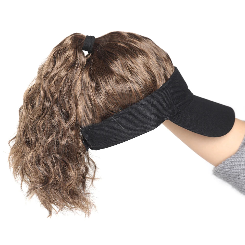 LUPU Synthetic Hair Curly Wave Ponytail Black Brown Baseball Cap Wig Adjustable Sun-Protective Sporty Style for Women Girls