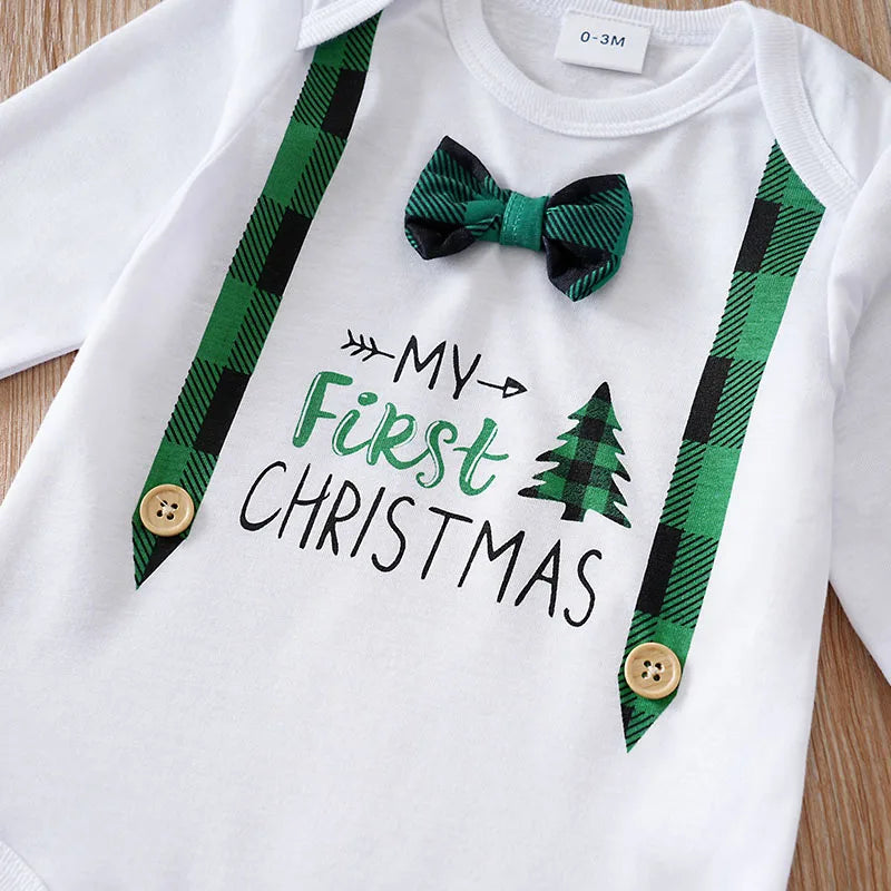 Christmas Newborn Baby sets 2pcs Autumn Green checkered print Gentleman's bow tie long-sleeved Unisex Fashion Baby clothes