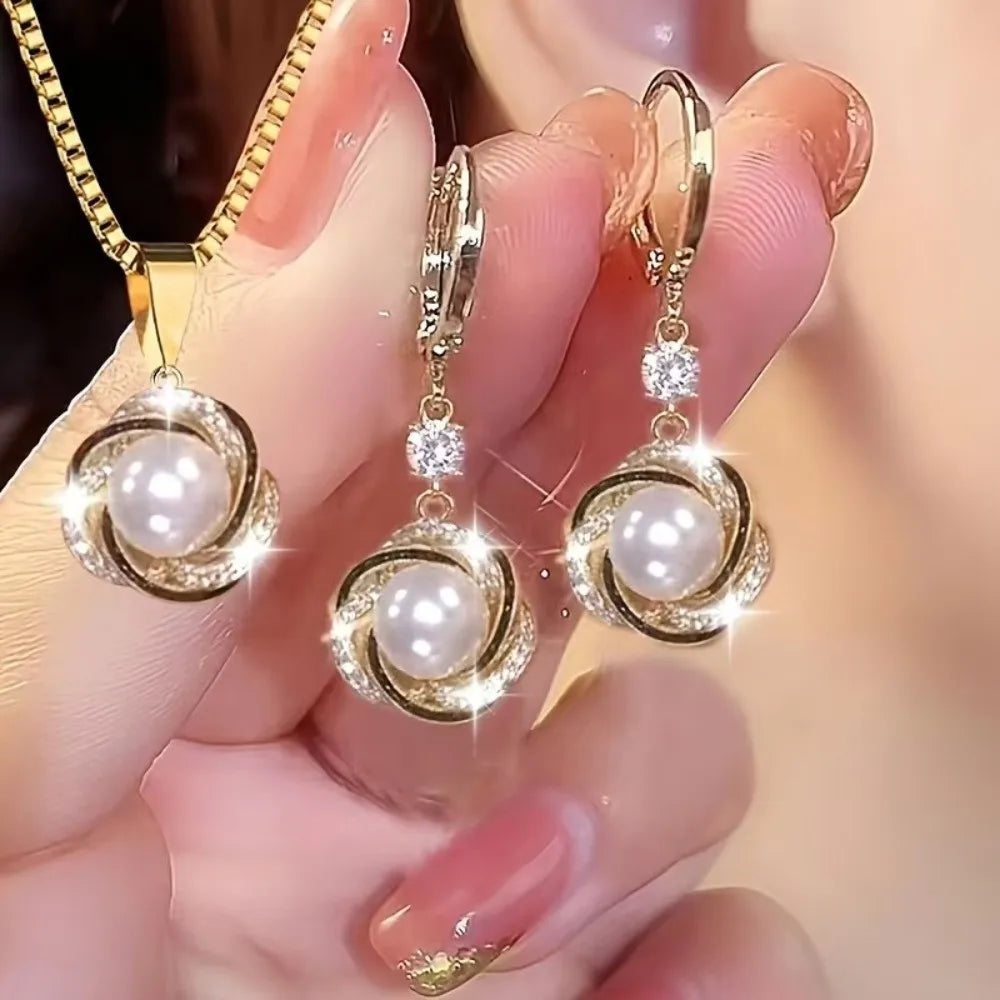 Gifts Versatile Zircon Jewelry Sets Dainty Trendy Imitation Pearl Jewelry Sets Elegant Shining Necklace Earrings Sets Evening