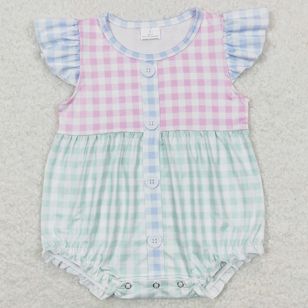 New Fashion Baby Girls Rompers Pink Checkered Flowers Short Sleeve Rompers Boutique Toddler Girls Bubbles Summer Baby Onesie Hot