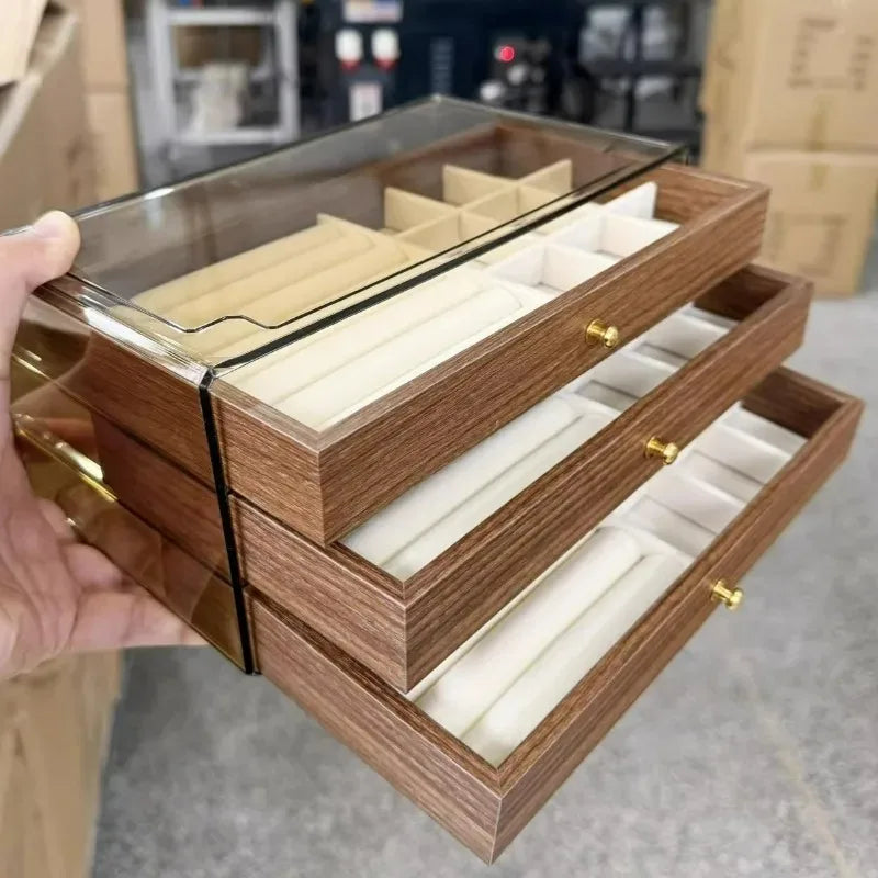 3-layer Large Capacity Drawer Walnut Wood Jewelry Storage Box Suitable for Earring Necklace Ring Jewelry Oxidation Prevention