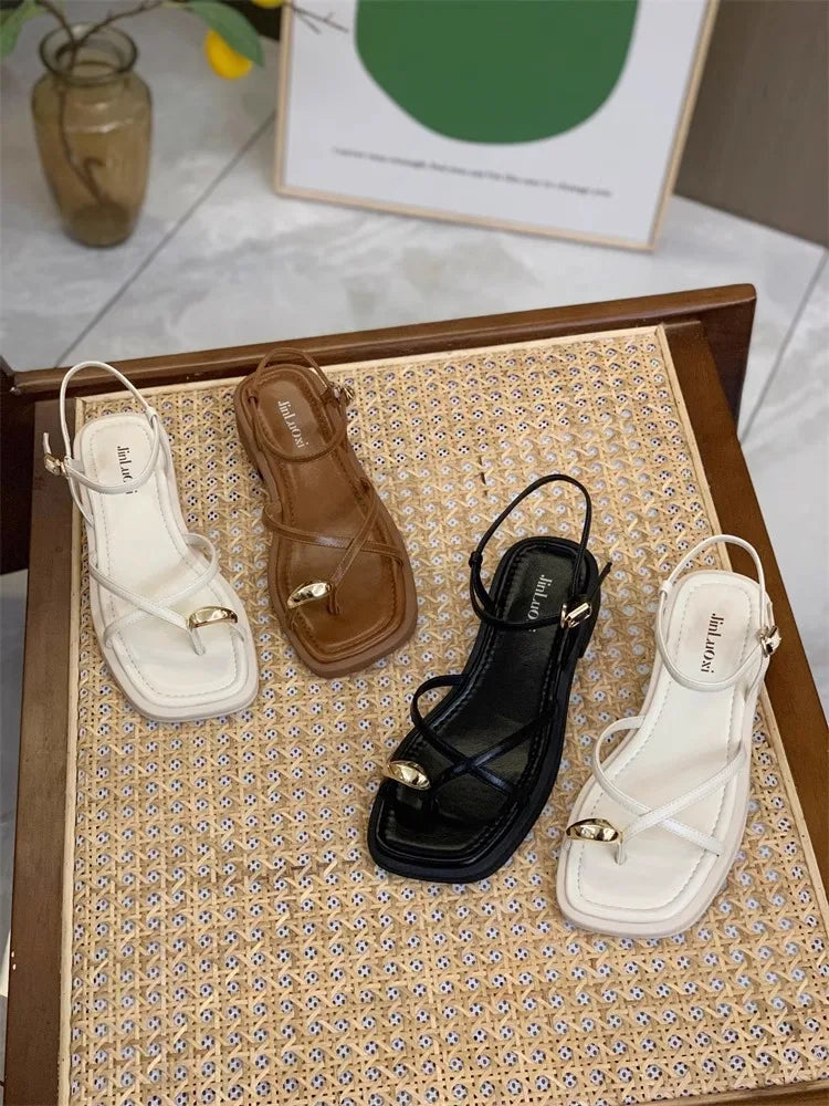 Sandals Women 2024 Summer New Fashion Square Toe Roman Shoes Simple Fairy Strap Women Shoes Flat Casual Shoe Sandalias De Mujer
