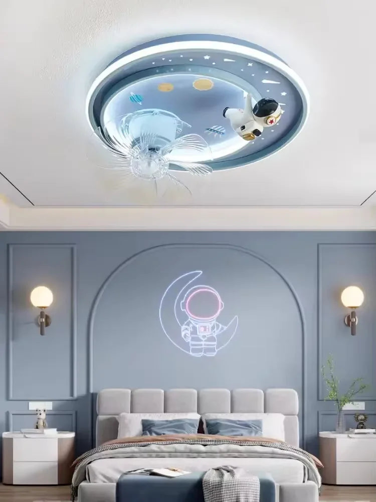 Modern Kids Room Ceiling Fan Light Cartoon Moon Astronaut Ceiling Lamp Boy Girl Bedroom Nursery Study Chandelier Ceiling Lights
