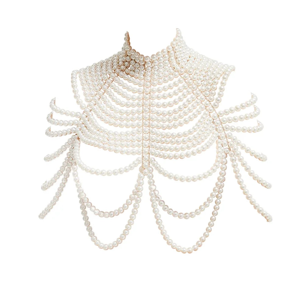 Sexy Pearl Body Chain For Women Necklaces Shawl Female Punk Style Beaded Collar Shoulder Sweater  Long Chain Bridal Body Jewelry