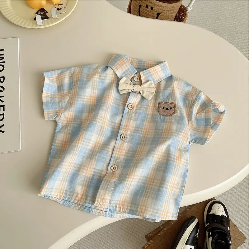 Summer baby boys clothes outfits sets bow tie check shirt shorts suits for infant boys clothing 1 year birthday gentleman sets