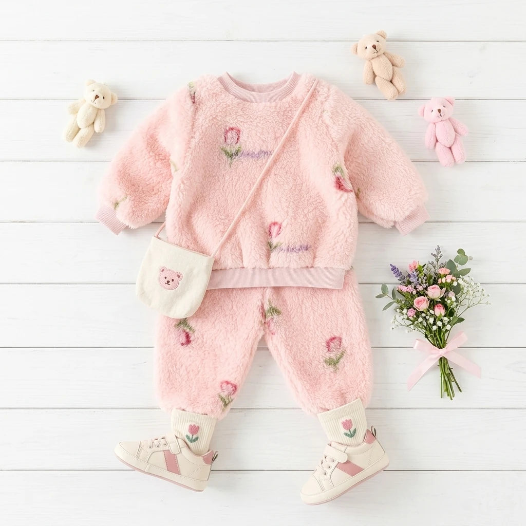 Winter Long Sleeve Baby Outfits Sets Little Kids Tops + Pants Cute Fleece Thickened Floral Clothing