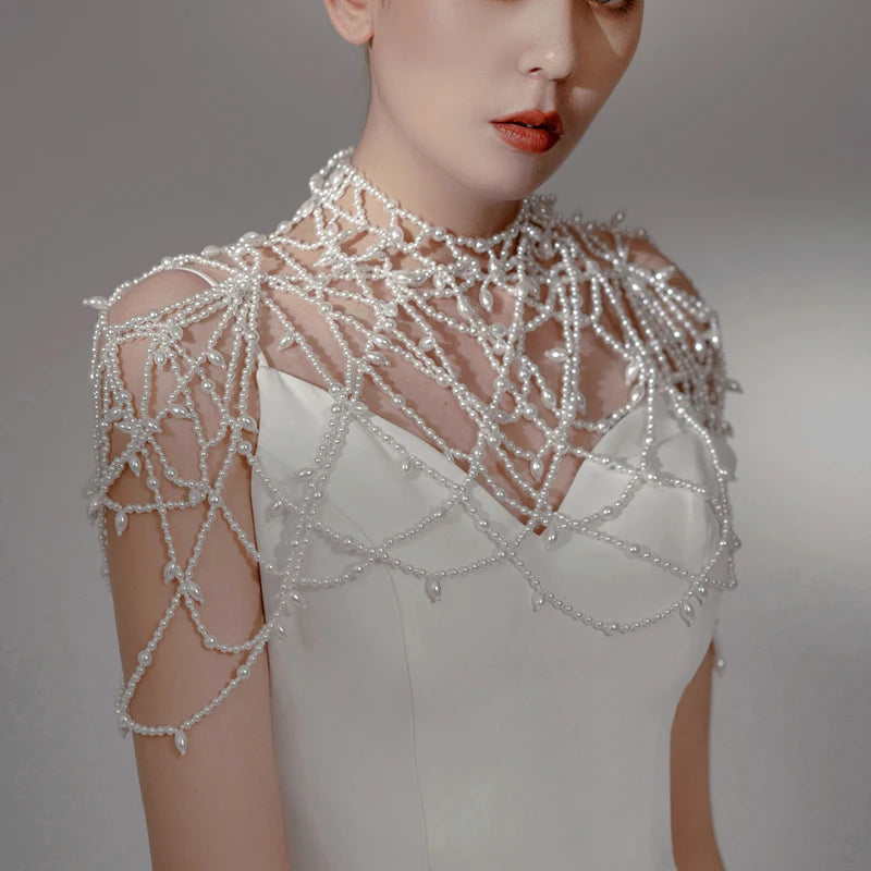 Fashion Pearls Bridal Jacket Shawl Wedding Shoulder Jewelry Chain Necklace Handmade Women Prom Accessories