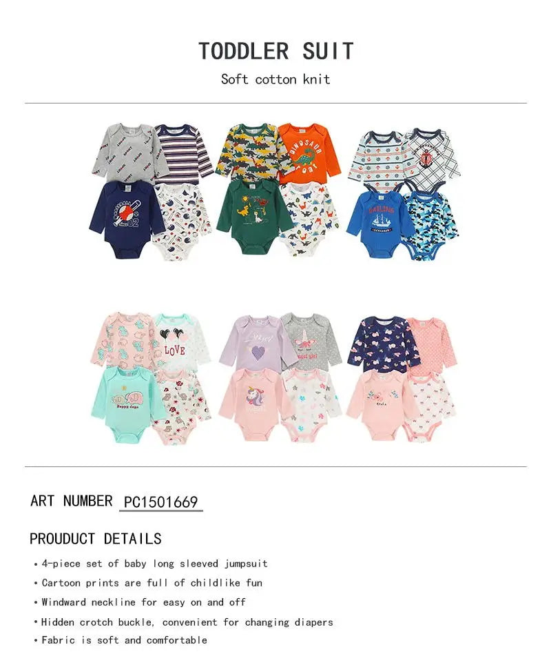 4 Pieces Baby Clothing Infant Bodysuit Long Sleeve High Quality Newborn Clothes Sets Pure Cotton Cartoon Kids Clothing for 0-12M