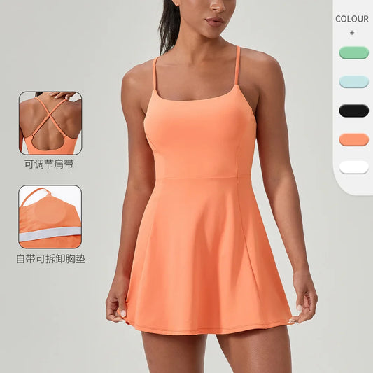 European and American summer fitness one-piece tennis skirt with chest pad women's quick-drying sports dress running skirt 52166