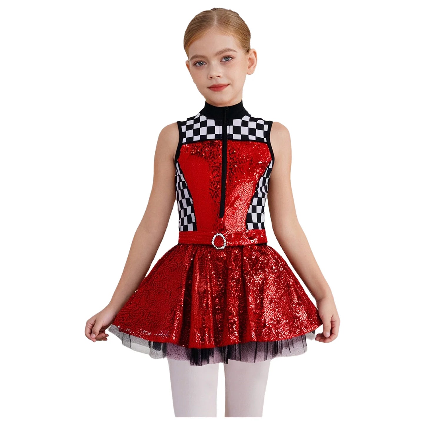 Kids Girls Checkerboard Racer Costume Halloween Car Driver Cosplay Leotard Dress with Tulle Skirt Themed Party Driving Roleplay