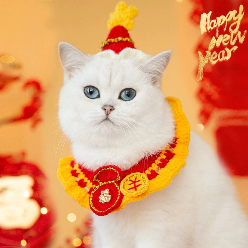 New Year Cat Collar Pet Cat Dog Scarfs Crocheted Kitten Puppy Collar Spring Festival Cat Cosplay Costume Pet Accessiories
