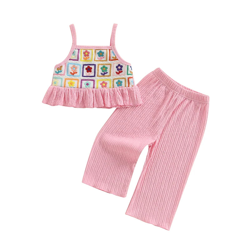 Toddler Girl Crochet Outfit Crochet Floral Crop Top Sleeveless Camisole Ruffle Top and Pant Set Baby Summer Clothes