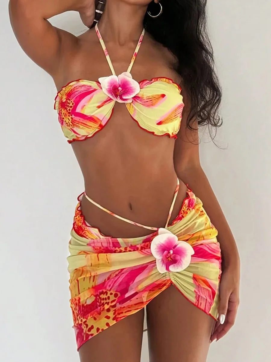 with Mesh Skirt 3D Flowers Halter Bandeau Bikini Women Swimsuit Female Swimwear Three-pieces Bikini Set Bathing Suit Beachwear