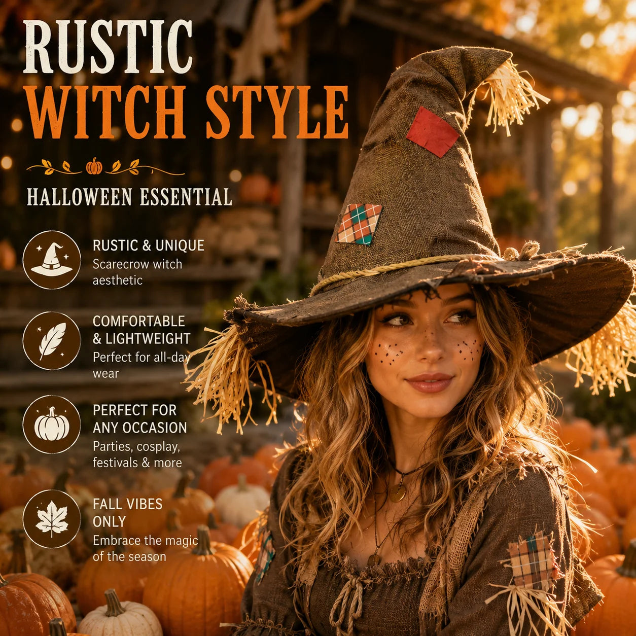 Halloween Witch Hat for Women, Pumpkin Patch Costume Accessory for Fall Festival