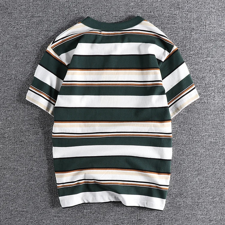 Summer Splicing Pure Cotton Stripe Short Sleeve T-shirt Streetwear Amekaji Heavyweight Casual Male Round Neck Tshirt Tops Tee