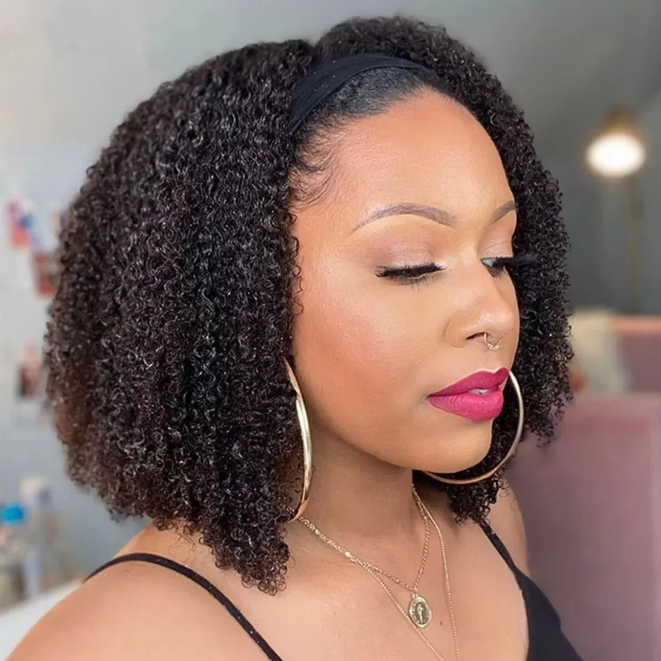 Afro Kinky Curly Headband Human Hair Wig For Women Water Curly Wigs With Black Headband Hair Easy to Style No Lace Front No Glue