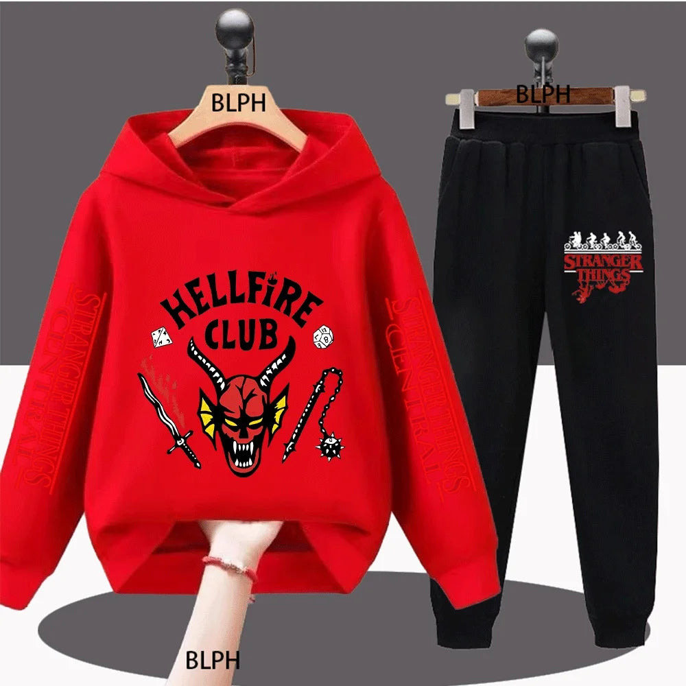 Hellfire Club Kids Hoodie Set with Devil Skull, Dice, Swords, and Spiked Chain Design for Trendy Little Ones
