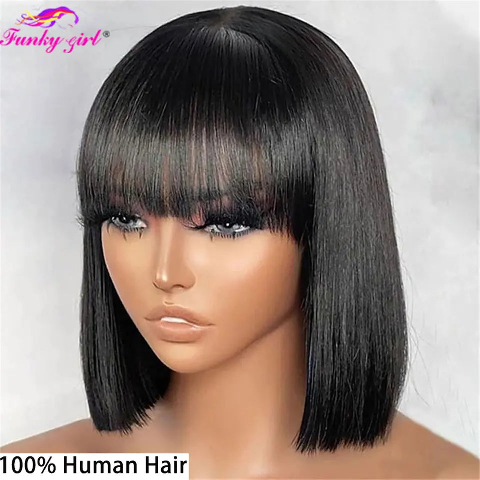 100% Human Hair Wig With Bangs Brazilian Straight Bangs Bob Wigs Full Machine Made Wig For Women Short Bob Wigs 8-16Inch
