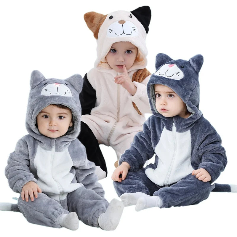 Lovely Cat Costume Baby Boys Girls Clothes Romper Soft Flannel Hooded Bodysuits Pajamas Winter Infant Jumpsuit Toddler Outfits