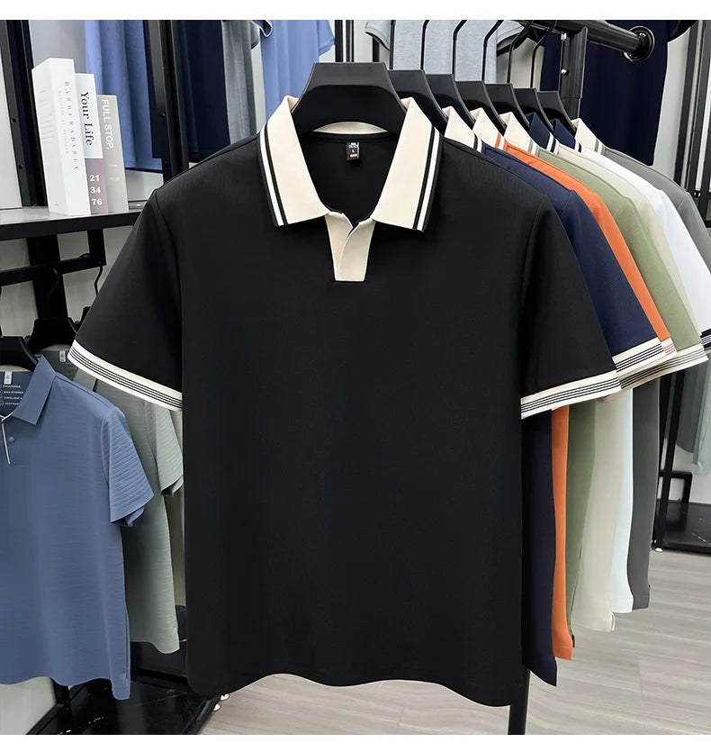 Light luxury summer new short sleeve polo shirt silky breathable high-end men's fashion personalized color blocked lapel T-shirt