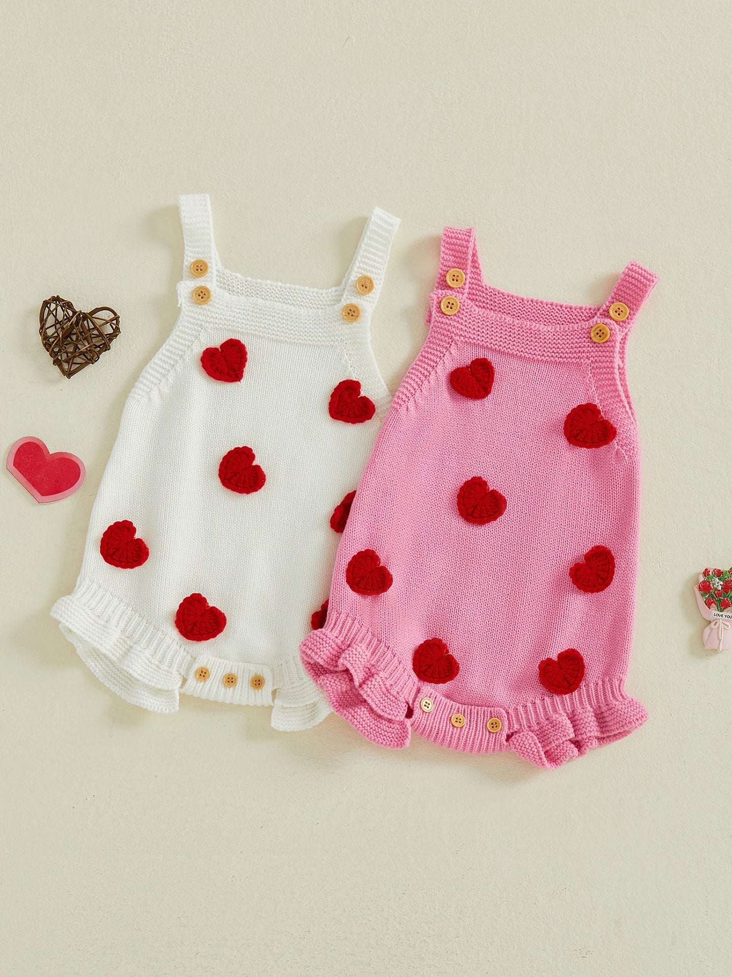 Baby Girl Valentine’s Day Romper Sleeveless Square Neck Heart Bodysuit Newborn Knit Overalls