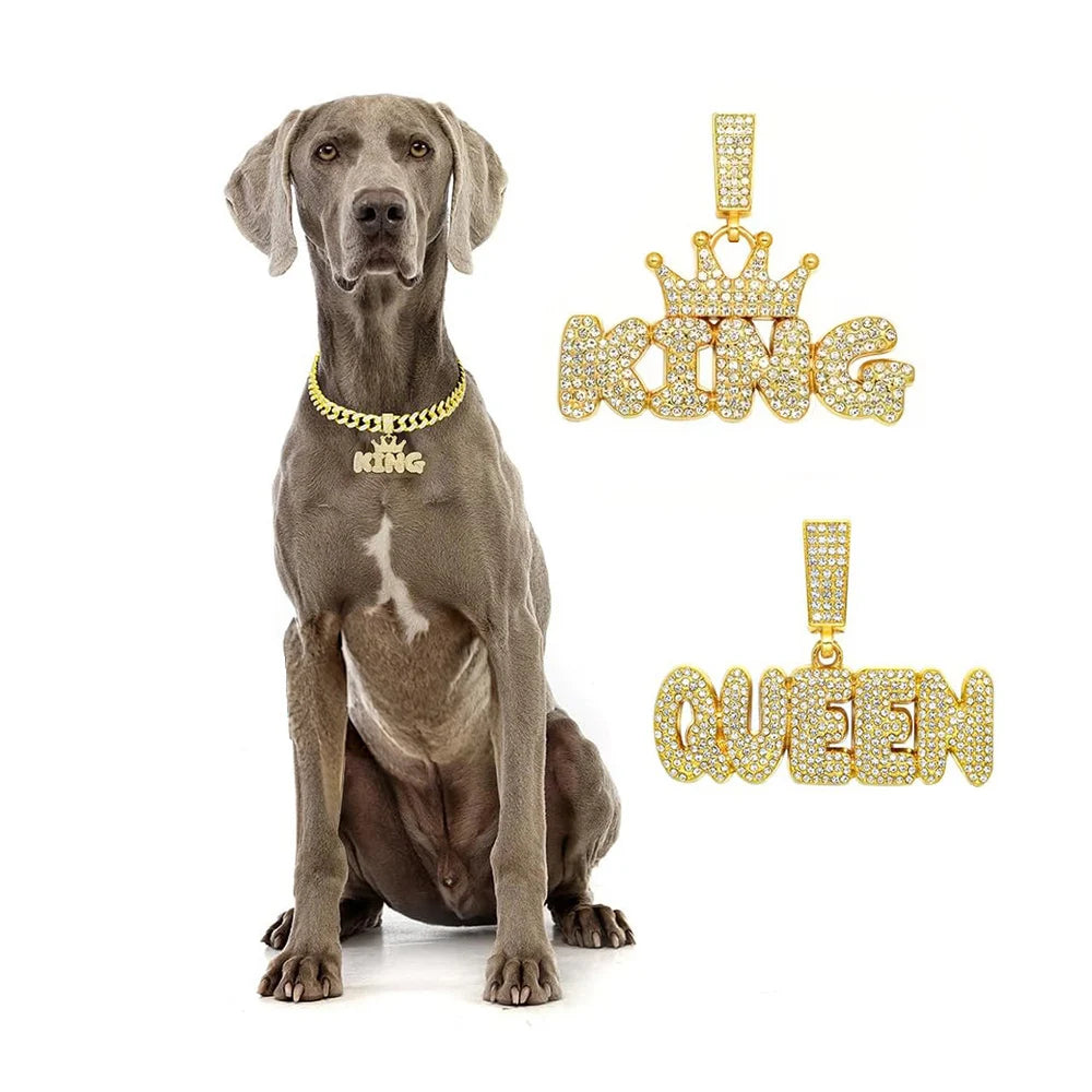 Cuban Dog Chain, Aluminum Alloy Pet Dog Collar, Gold Necklace for Small to Large Dogs Cats King Queen Pendant Jewelry Accessory