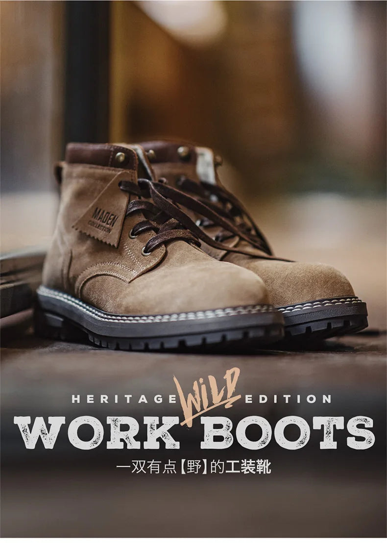 Maden Autumn and Winter Mid-top Work Boots for Men Round-toed Flat-heeled Boots Retro Outdoor Shoes Wear-resistant Rubber Sole